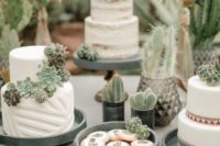 a wedding dessert table all done with succulents and cacti covering the sweets, placed here in pots and cacti and succulent sweets