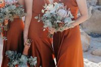 pretty rust-colored maxi bridesmaid slip dresses are always a good idea for an orange beach wedding or just a rust and beach-colored one