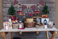 a camp dessert table with tree slices, tree stumps, wooden boxes, fir trees, plaid and lanterns is very cool