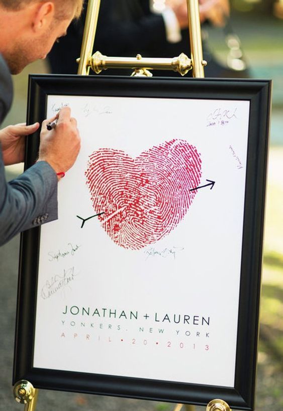 a catchy wedding guest book composed of a fingerprint heart and names is a cool idea for a wedding