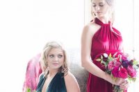 a dark green and deep red velvet bridesmaid dress are amazing for rocking them at a bright and chic fall wedding
