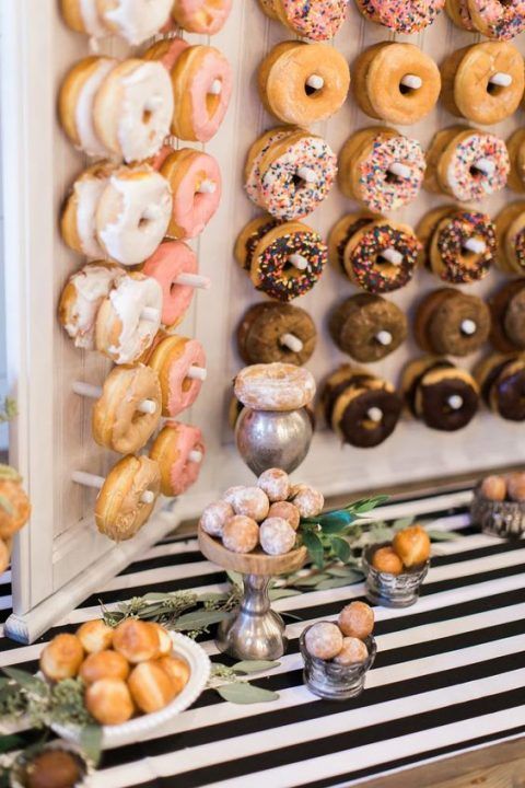 a donut wall is a must for every wedding as it's a very hot and trendy idea and your guests will be excited for sure