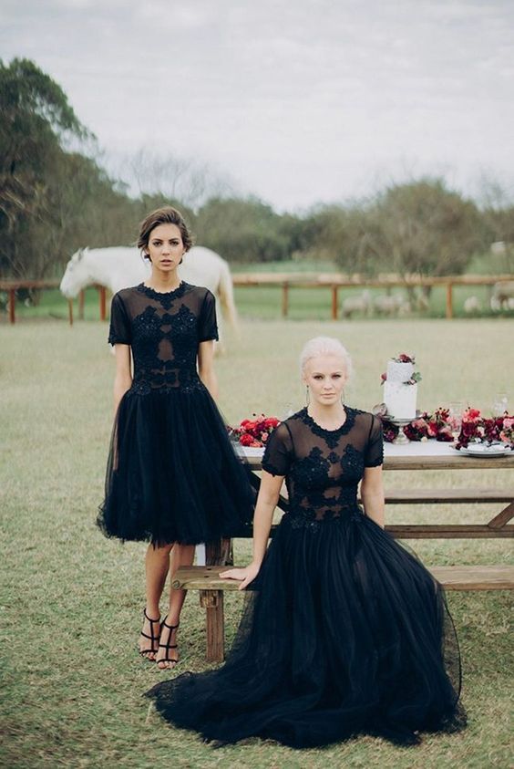 a midi and maxi A line black bridesmaid dress with lace appliques and embellishments for Halloween