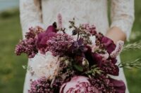 a plum-colored, pink and white wedding bouquet is a dreamy and catchy idea for a fall wedding