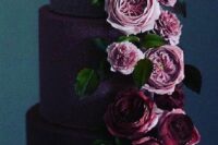 a plum-colored textural wedding cake decorated with ombre blooms coming up from the bottom and some leaves is wow