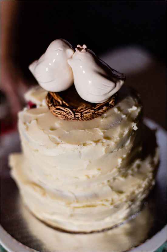 a white textural wedding cake topped with a nest and white porcelain love birds is a cool idea for a wedding