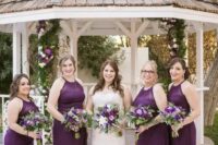 beautiful deep purple maxi bridesmaid dresses with halter illusion necklines and draped skirts look lovely and cool
