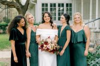 beautiful mismatching green and dark green bridesmaid dresses are very chic and beautiful for a fall wedding in greens