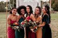 beautiful mismatching jewel tone maxi bridesmaid dresses – red, pink, dark green and marigold ones are amazing