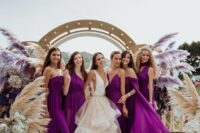 beautiful mismatching plum-colored maxi bridesmaid dresses for a luxurious summer wedding