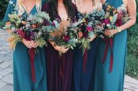 blue, navy and deep purple maxi and high low bridesmaid dresses are amazing for a blue and purple fall wedding and are chic