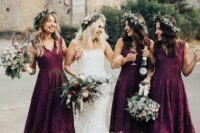 cool plum-colored midi bridesmaid dresses with V-necklines and no sleeves are cool for a fall wedding