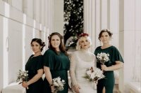 dak greem maxi bridesmaid dresses with slits and high necklines are a chic and bold solution for a fall wedding