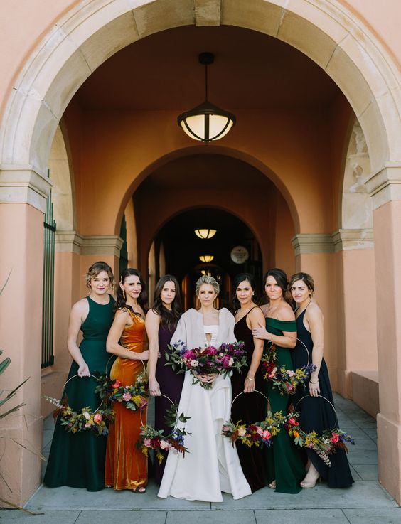 dark green, mustard, pirple and navy maxi bridesmaid dresses are amazing for a bold and chic fall wedding, go for mismatching ones
