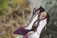 elegant and chic plum-colored strappy wedding shoes are a cool addition to a fall bridal look