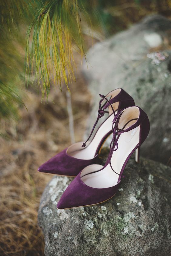 elegant and chic plum-colored strappy wedding shoes are a cool addition to a fall bridal look