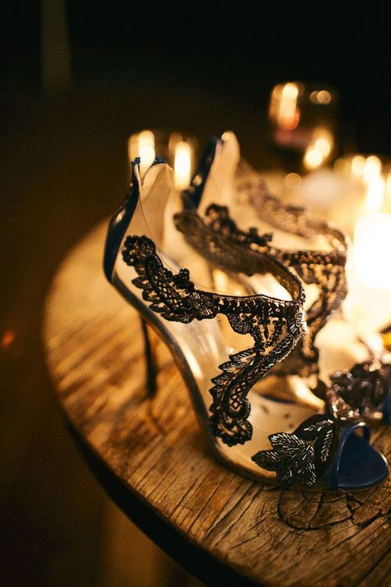 fantastic black lace and sheer parts wedding shoes with peep toes and high heels are a very refined idea for a Halloween bride