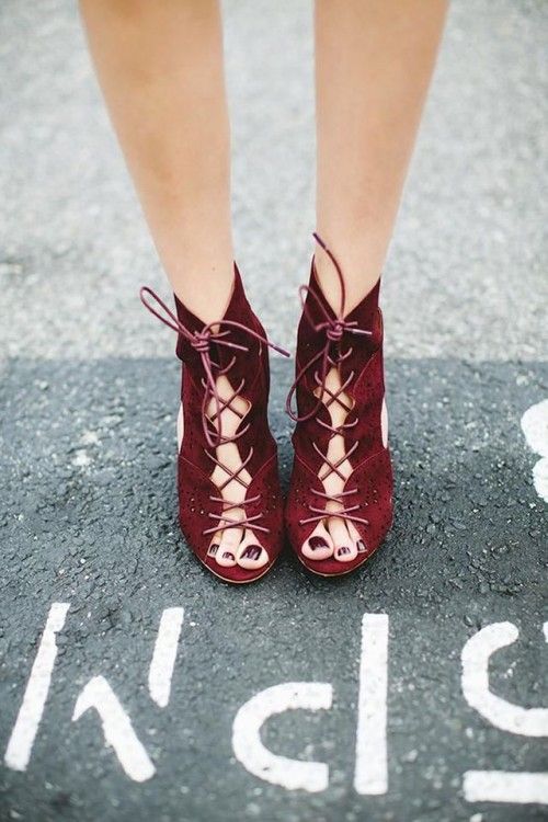 fantastic burgundy suede lace up booties are a fantastic idea for a fall or Halloween bride and they will make a statement