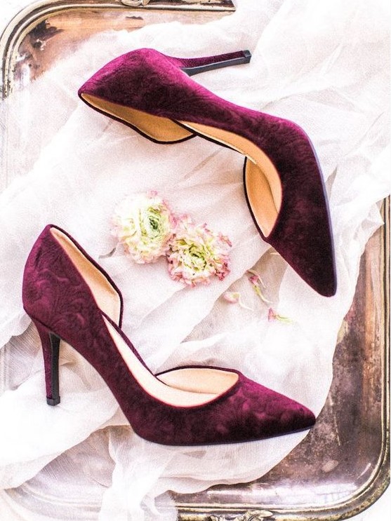 gorgeous purple velvet heels bring a touch of color and pure elegance to your look