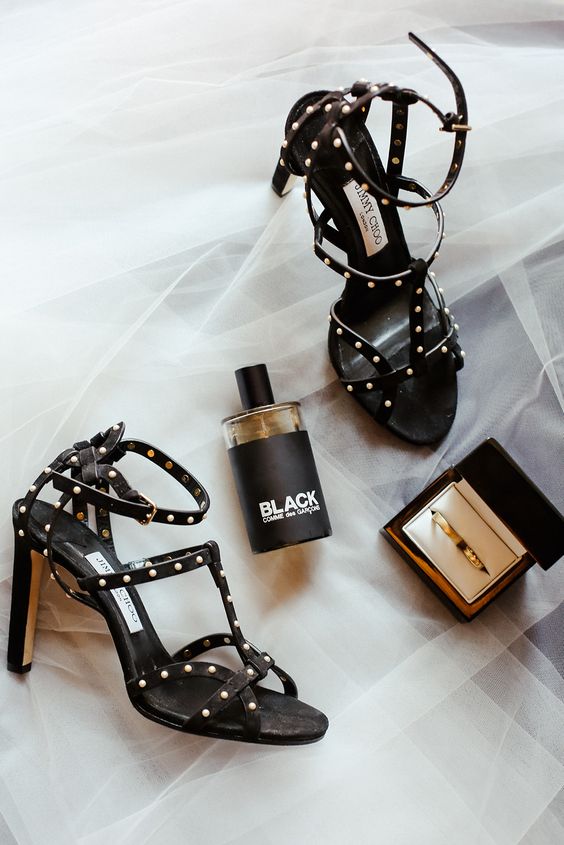 gorgeous rock-style black strappy shoes with high heels are a cool idea for a bold Halloween bridal look or just for a badass one