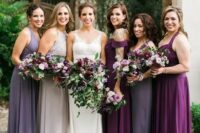 light grey, lilac, lavender, purple mismatching maxi bridesmaid dresses look nice and cool and catch an eye