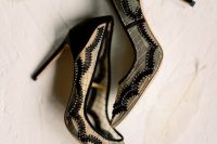 metallic wedding shoes with black ribbon embellishments and high heels are a gorgeous idea for a bold modern Halloween bridal look