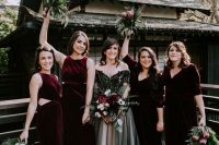 mismatching burgundy velvet maxi bridesmaid dresses are fantastic for a fall, winter or Halloween wedding