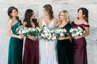 mismatching dark green and purple maxi bridesmaid dresses are very chic and lovely for a fall wedding in any style
