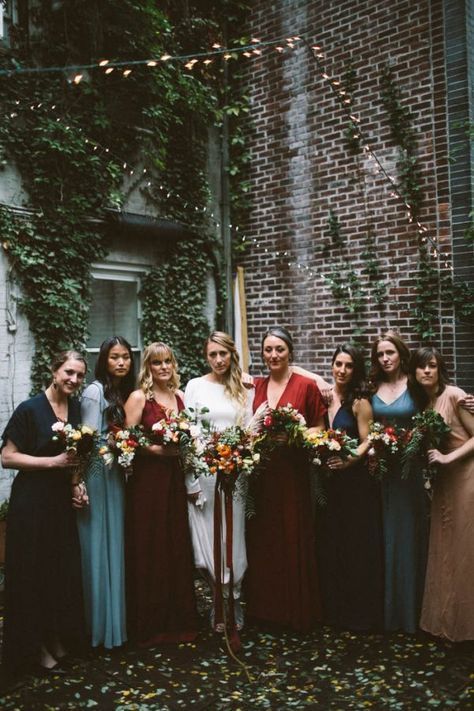 mismatching navy, burgundy, slate blue and tan maxi bridesmaid dresses are gorgeous for a fall wedding