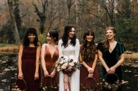 rust, burgundy, dusty pink and dark green mismatching maxi bridesmaid dresses are gorgeous for a fall moody wedding