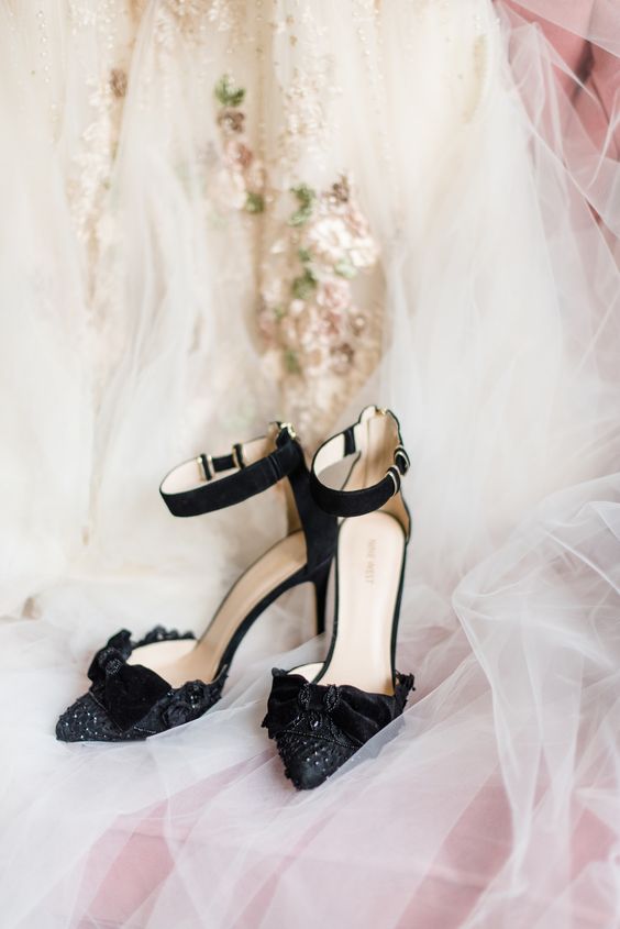 sophisticated black embellished ankle strap wedding shoes with velvet bows are a beautiful idea for a Halloween wedding and they look cool