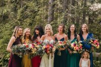 super bold jewel tone maxi bridesmaid dresses in deep purple, mustard, red, navy and emerald plus electric blue are gorgeous for the fall