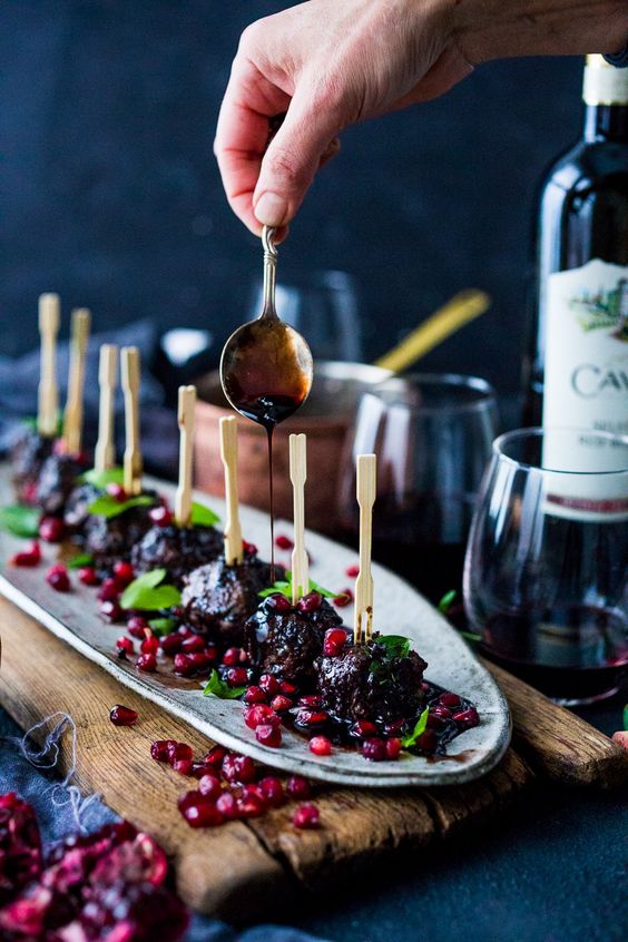 Moroccan meatballs with pomegranate glaze are amazing winter or Christmas wedding appetizers
