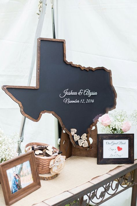 a chalkboard state silhouette with framing that is to be filled with wooden hearts with wishes is a cool idea