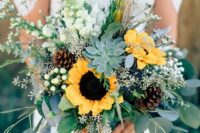 a creative summer wedding bouquet with woodland and farmhouse touches – with succulents, sunflowers, pinecones and billy balls is cool
