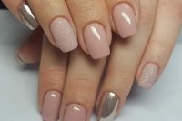 a nude manicure with a touch of glitter and silver nails for those who insist on a modern take on classics