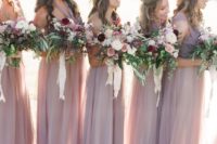 a tender mismatching mauve maxi bridesmaid dresses are very chic, beautiful and delicate