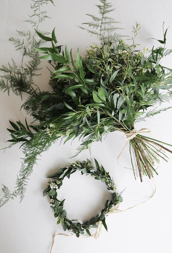a very textural forest-inspired wedding bouquet including olive branches looks wild and bold