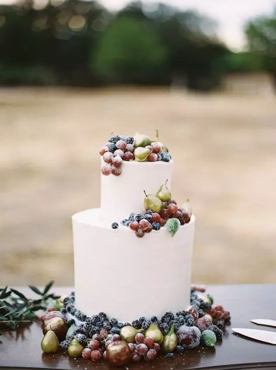 a white buttercream wedding cake topped with gilded mini pears, blueberries and grapes and some foliage is a very cool idea for a vineyard wedding
