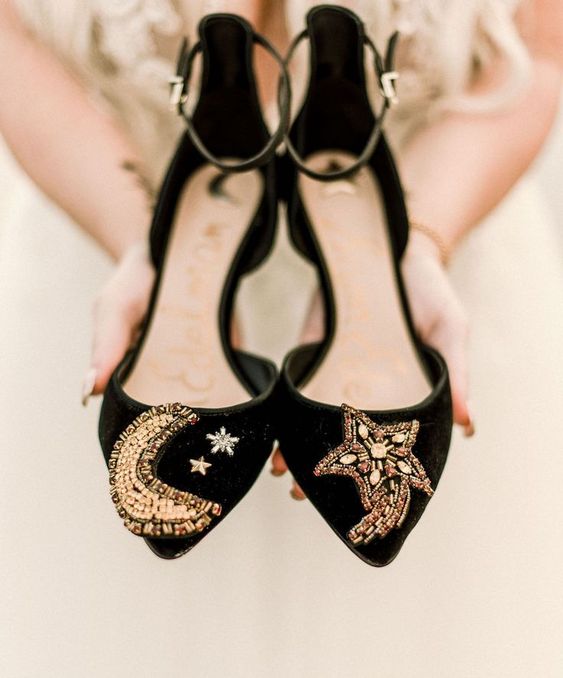 black velvet shoes with gold detailing and beading - stars and a moon