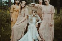 blush boho maxi dresses with short sleeves and a marigold matching one for the maid of honor
