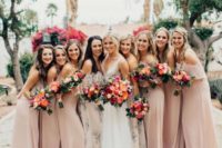 blush cold shoulder and off the shoulder maxi bridesmaid dresses and neutral floral lace gowns for the maids of honor