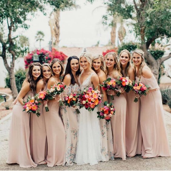 blush cold shoulder and off the shoulder maxi bridesmaid dresses and neutral floral lace gowns for the maids of honor