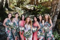 bold tropical print bridesmaids’ dresses with side slits and bright coral maxi gowns with side slits for the maids of honor