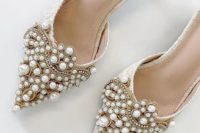 catchy neutral wedding shoes all covered with gorgeous pearls in patterns look amazing