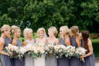 charcoal halter neckline maxi gowns and a grey embellished maxi dress with spaghetti straps for the maid of honor