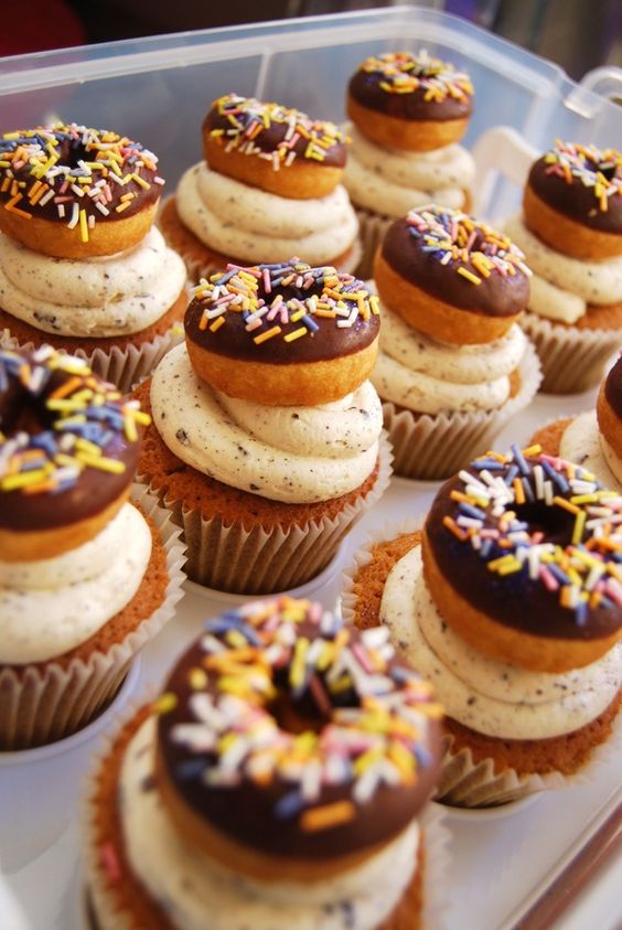 coffee cupcakes with cuppaccino frosting and topped with cute sprinkled donuts are fantastic