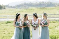dove grey one shoulder maxi bridesmaid dresses and a slate grey matching gown for the maid of honor