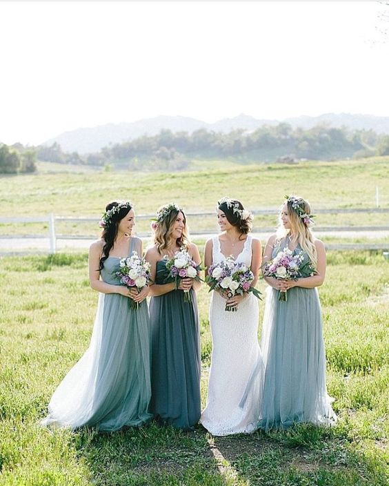 dove grey one shoulder maxi bridesmaid dresses and a slate grey matching gown for the maid of honor