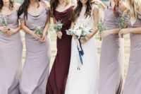 draped lilac maxi dresses with spaghetti straps and a matching dress of burgundy velvet for the maid of honor